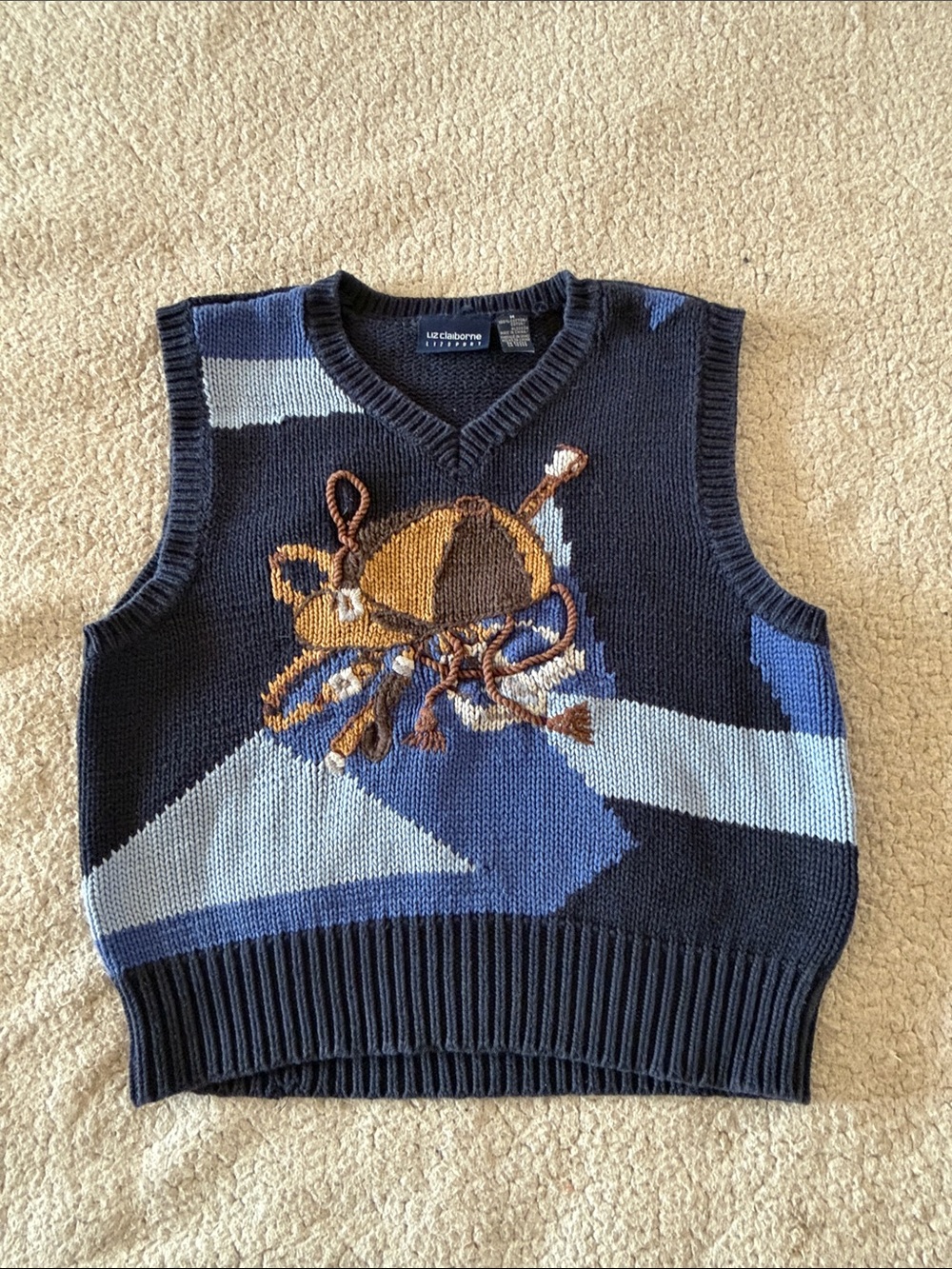 Liz Claiborne Vintage Equestrian Navy Blue Multi Knit V‑Neck Sweater Vest Medium